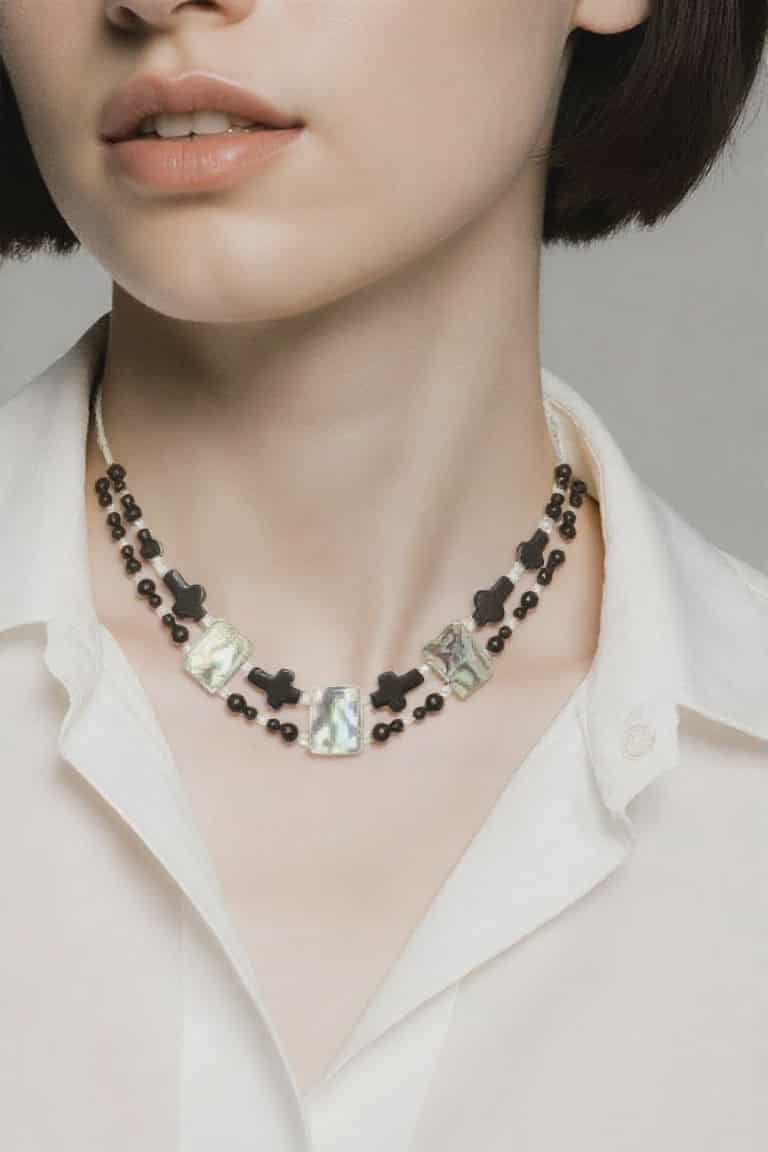 LJGN32 Double Stranded Onyx Cross & Paua Shell Choker Necklace