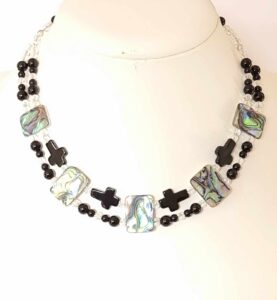 LJGN32 Double Stranded Onyx Cross & Paua Shell Choker Necklace - Image 3