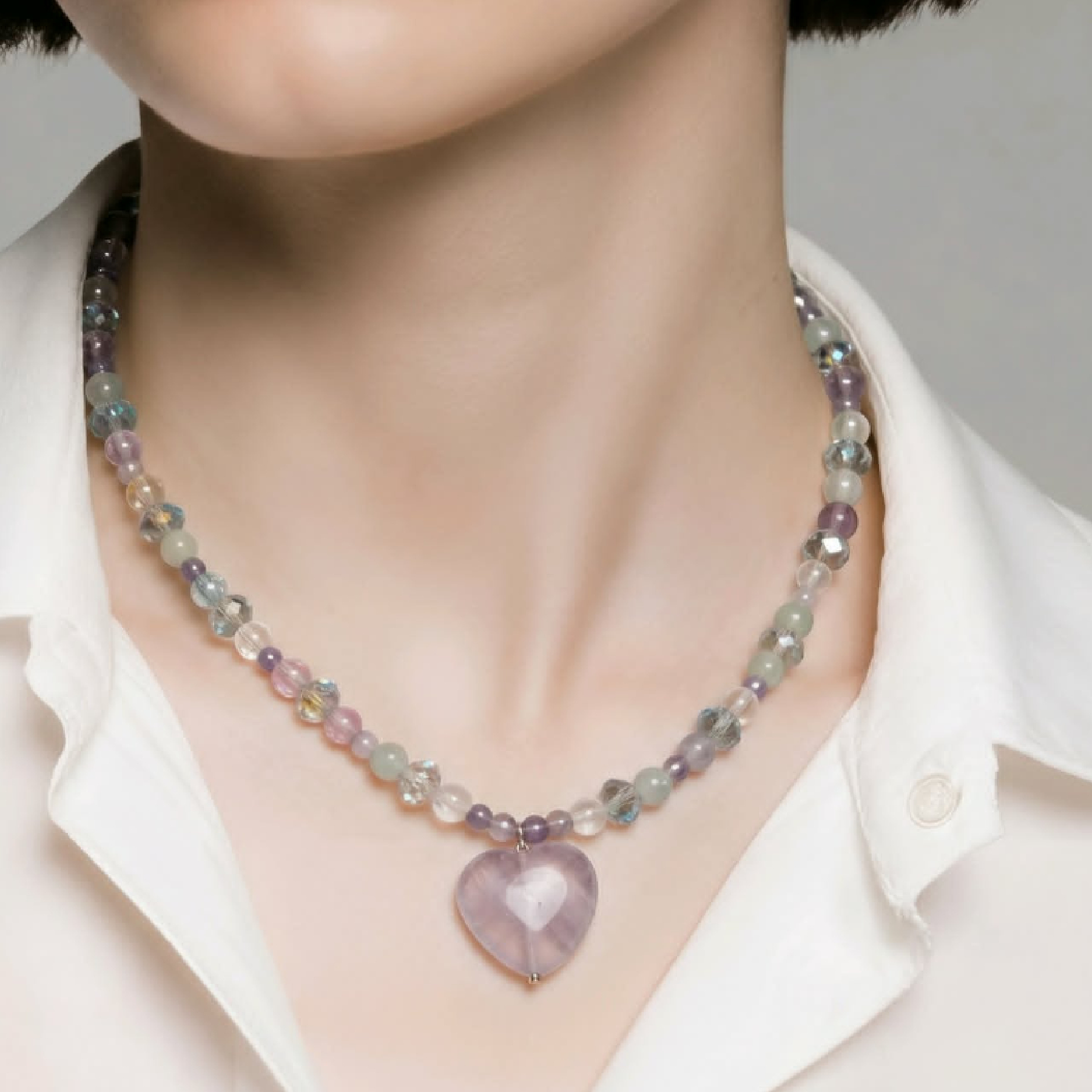 LJGN16 Fluorite, Amethyst & Crystal Centred Necklace.