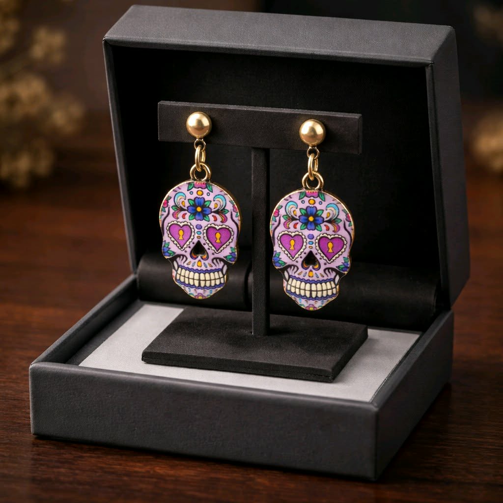 CE41 Pink Heart Skull Earrings - Image 2