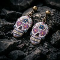 CE41 Pink Heart Skull Earrings