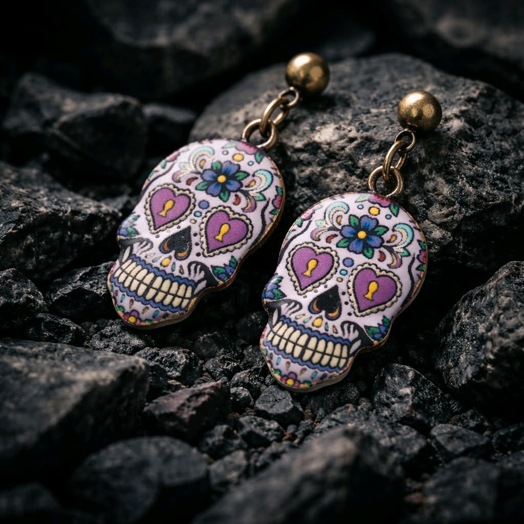 CE41 Pink Heart Skull Earrings