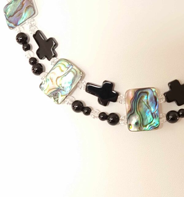 LJGN32 Double Stranded Onyx Cross & Paua Shell Choker Necklace - Image 2