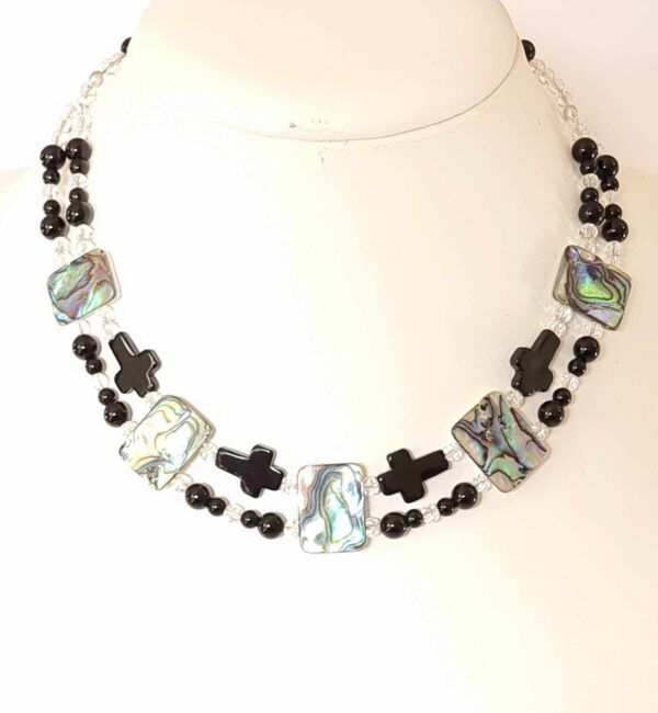 LJGN32 Double Stranded Onyx Cross & Paua Shell Choker Necklace
