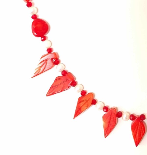 LJGN30 Red Coral & Fresh Pearl & Crystal Fan Necklace - Image 2