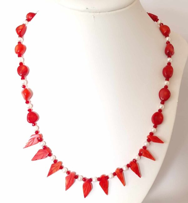 LJGN30 Red Coral & Fresh Pearl & Crystal Fan Necklace
