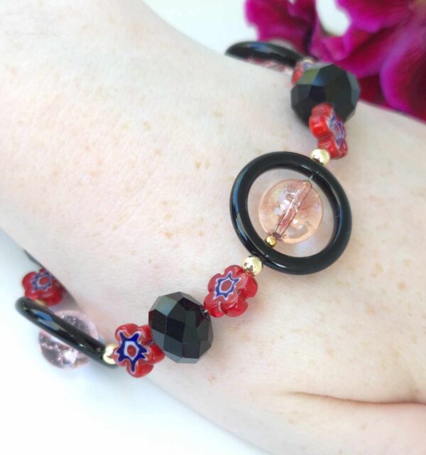 LJGB55 Onyx Ring, Millifiori & Crystal Bracelet