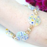 LJGB59 White Millefiori, Crystal & Gold Plated Beaded Bracelet.