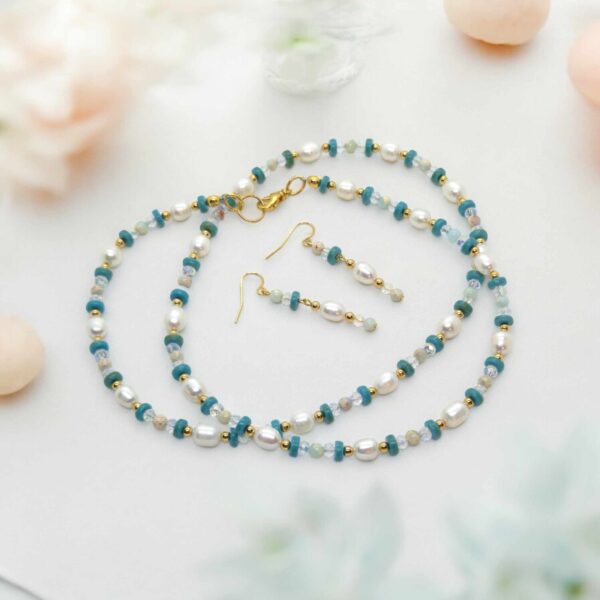 LJGS2 Fresh Pearl Crystal & Aqua Magnesite Necklace Set