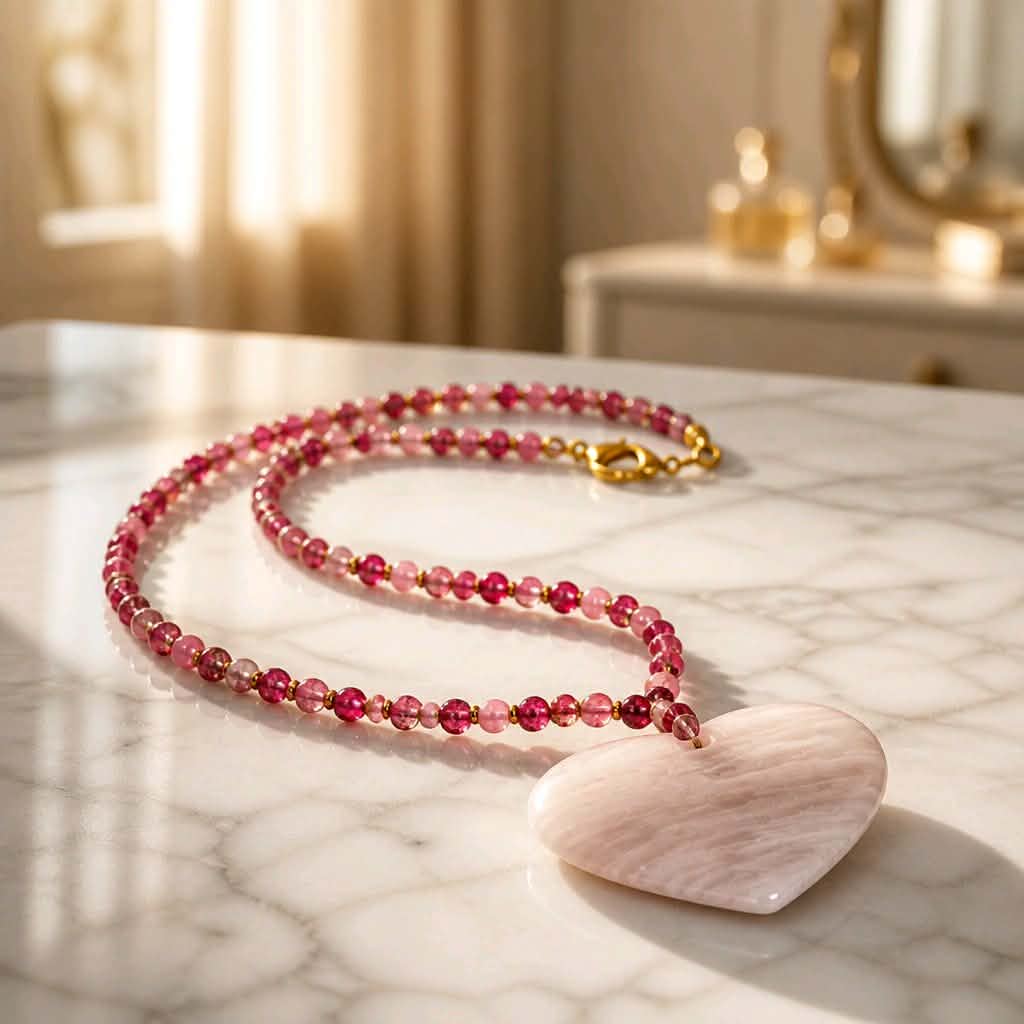 LJGN13 Pink Quartz Heart & Agate Necklace. - Image 2