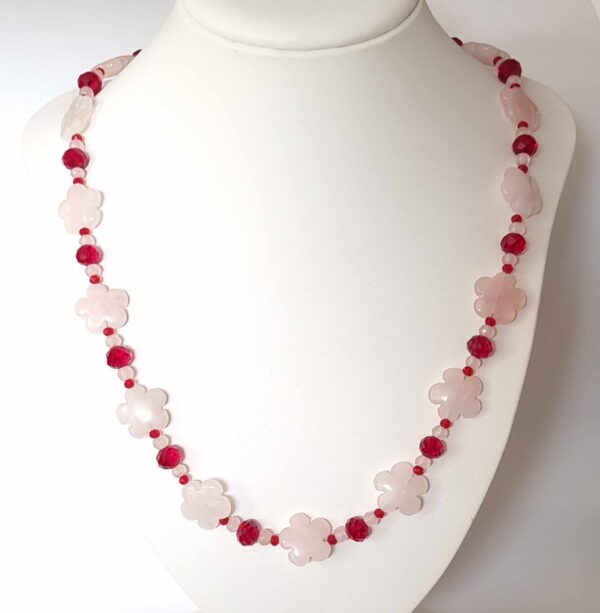 LJGN1 Pink Quartz Flower & Red Crystal Necklace