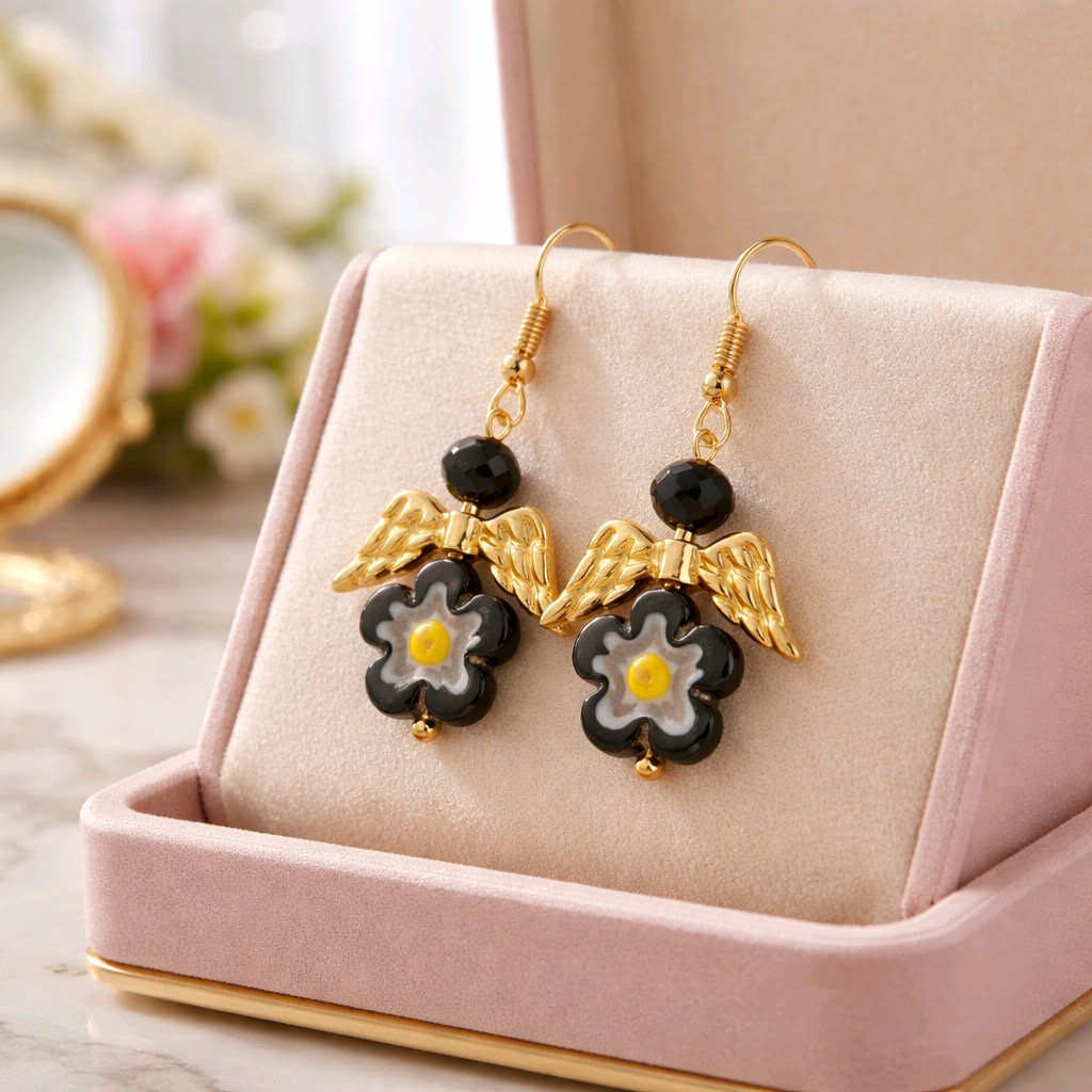 LJCE75 Black Glass Flower Angel Earrings