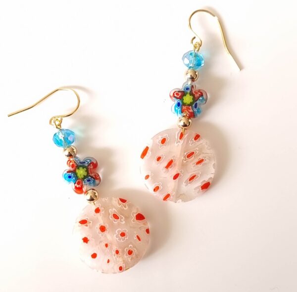 LJGJ67 Orange & Blue Glass Disc Flower Earrings
