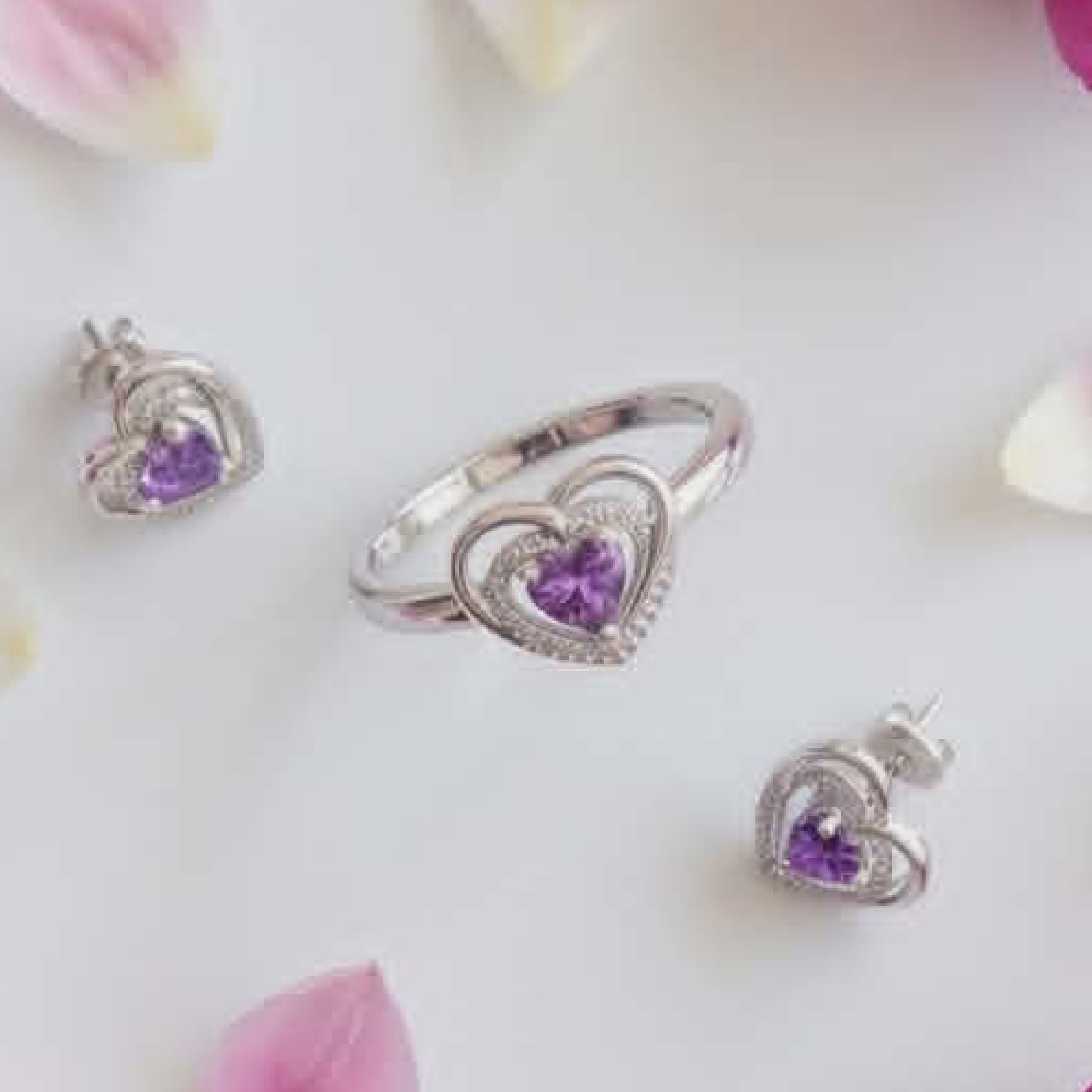LJSSS52 Sterling Silver Small Purple CZ Heart Set. Size 10. - Image 2