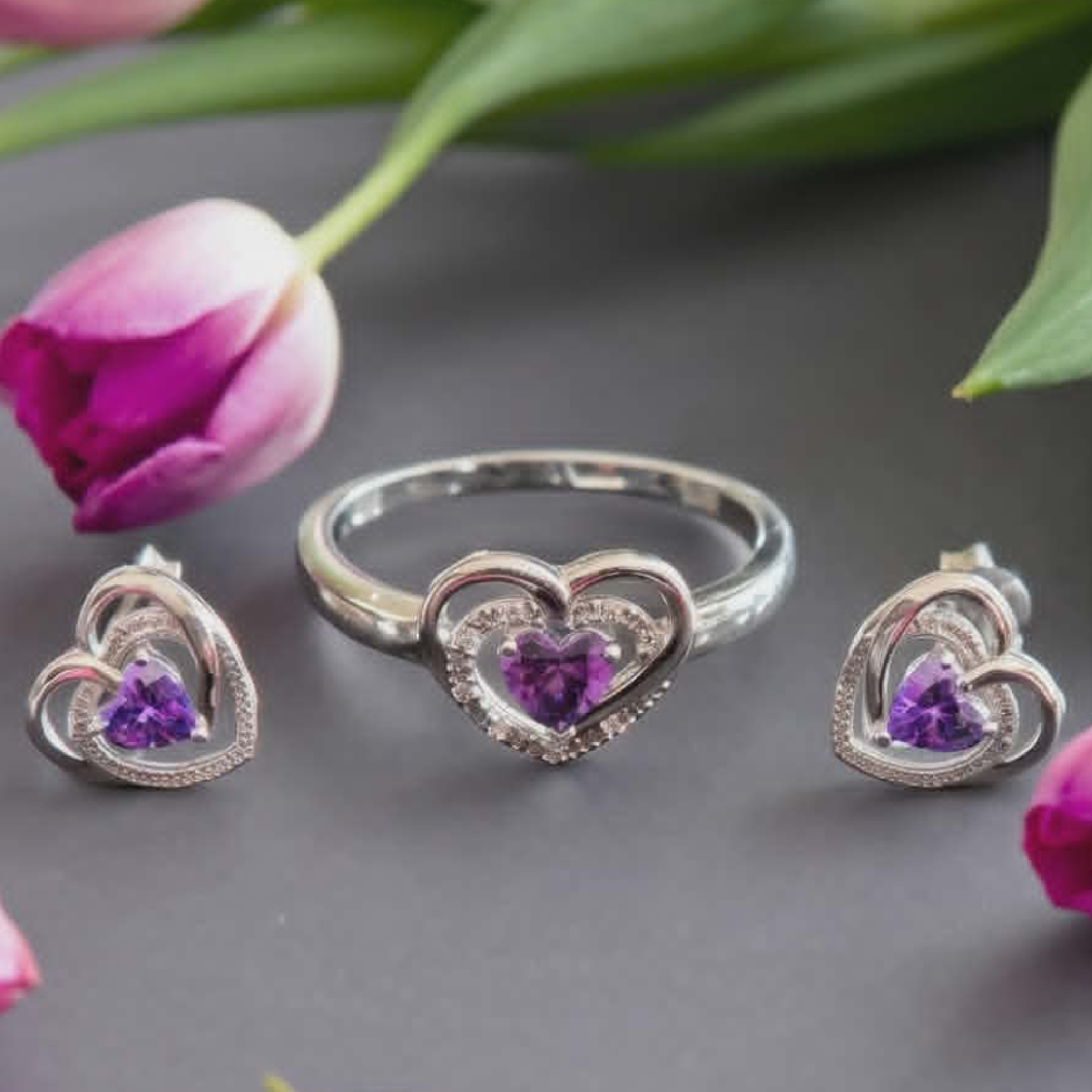 LJSSS52 Sterling Silver Small Purple CZ Heart Set. Size 10. - Image 4