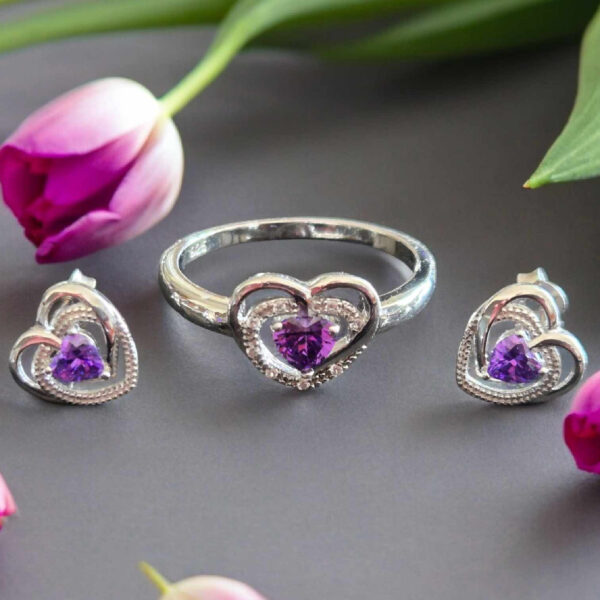 LJSSS52 Sterling Silver Small Purple CZ Heart Set. Size 10.