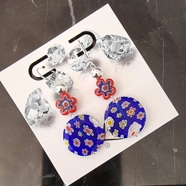 Red & Blue Millefiori Glass Earrings