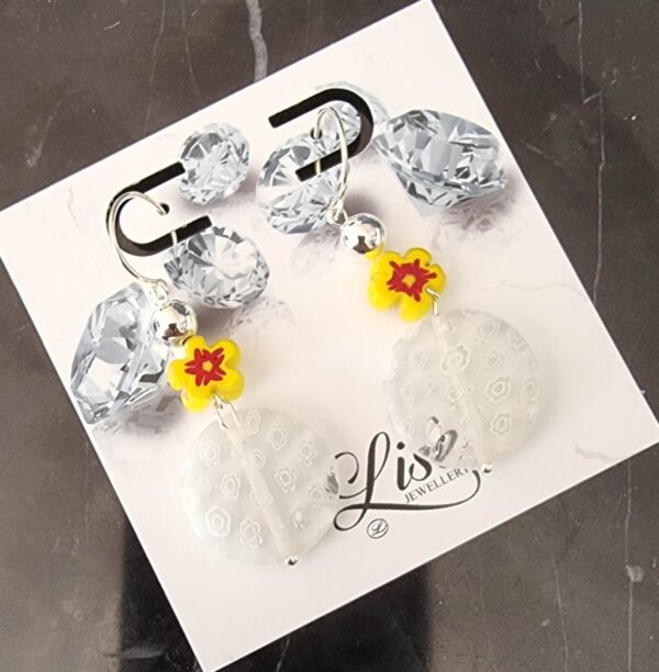 White & Yellow Millefiori Glass Earrings