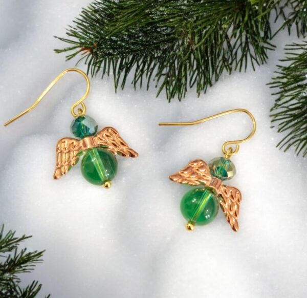 LJGE78 Green Jade & Crystal Angel Earrings