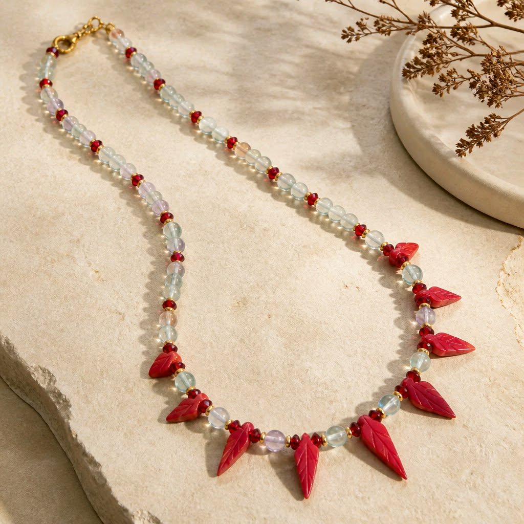 LJGN79 Red Coral Leaf Fluorite Necklace