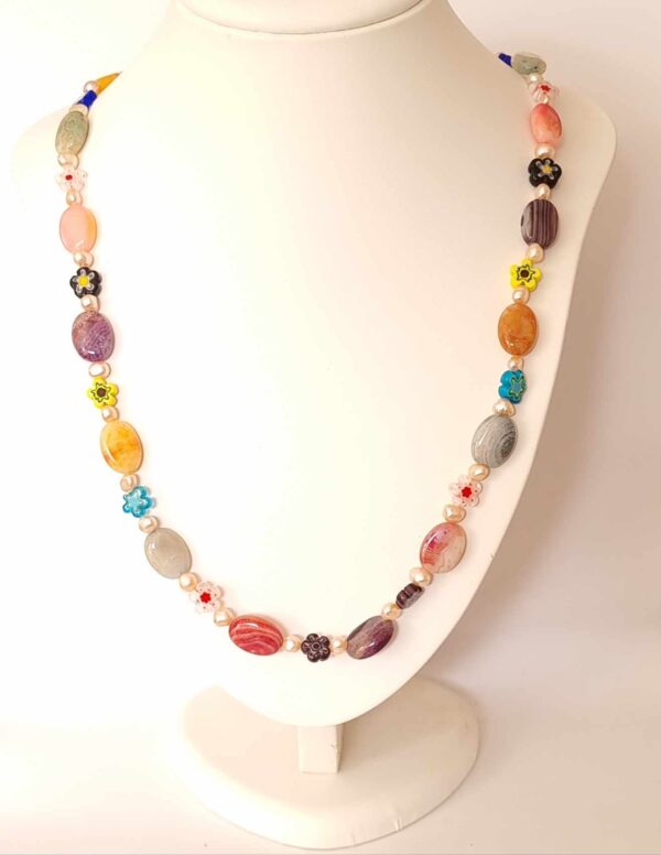 LJGN8 Multi Coloured Agate, Fresh Pearl & Glass Flower Necklace