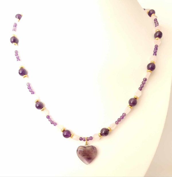 LJGN70 Pink Quartz Heart & Amethyst Centred Necklace