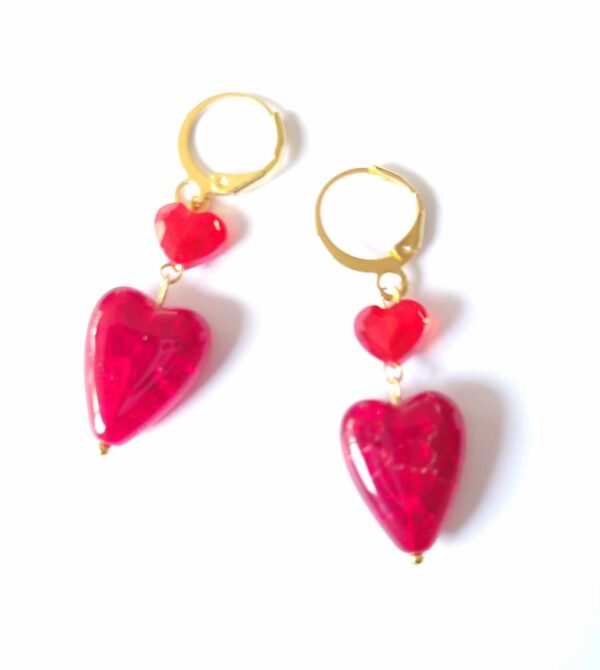 LJGE67 Red Glass & Crystal Heart Earrings