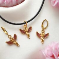 LJCS67 Pink Enamel Cupid Necklace Set