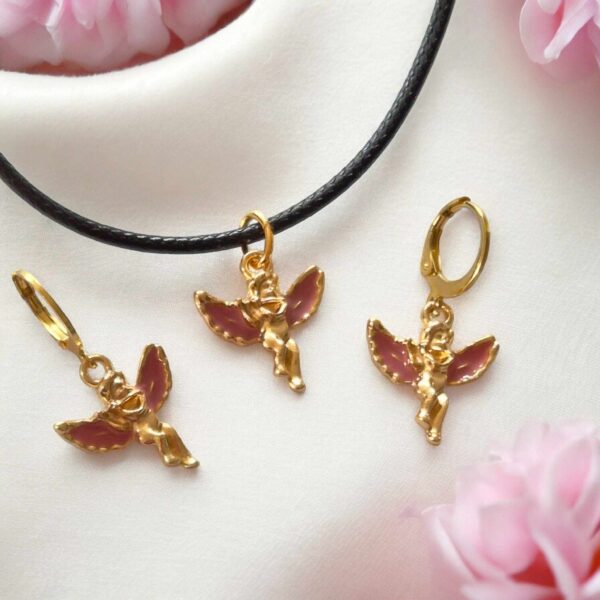 LJCS67 Pink Enamel Cupid Necklace Set