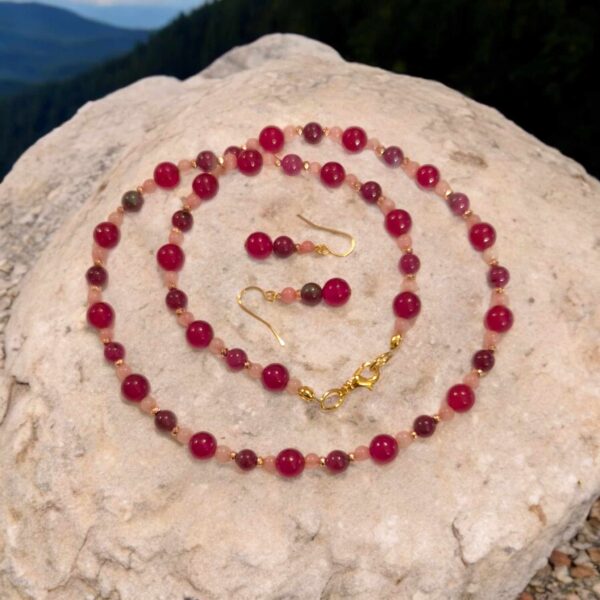 LJGS234 Red Jade & Pink Quartz Necklace Set