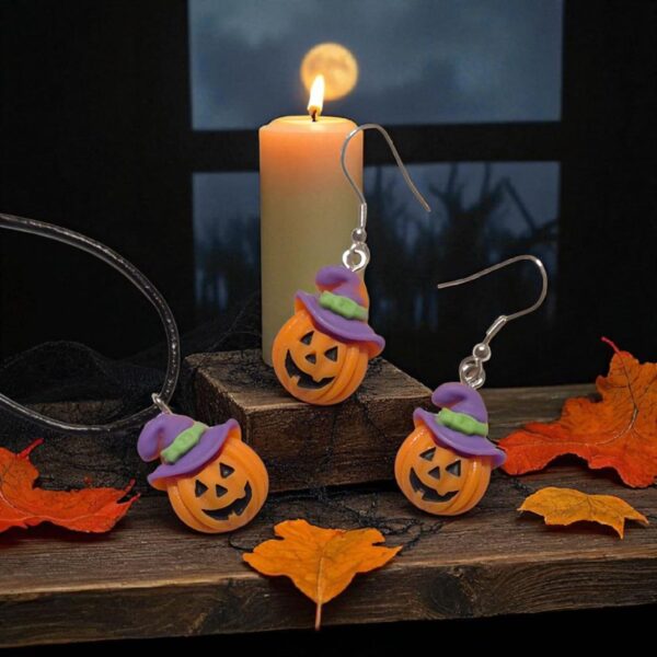LJHG12 Purple Hat Halloween Pumpkin Necklace Set.