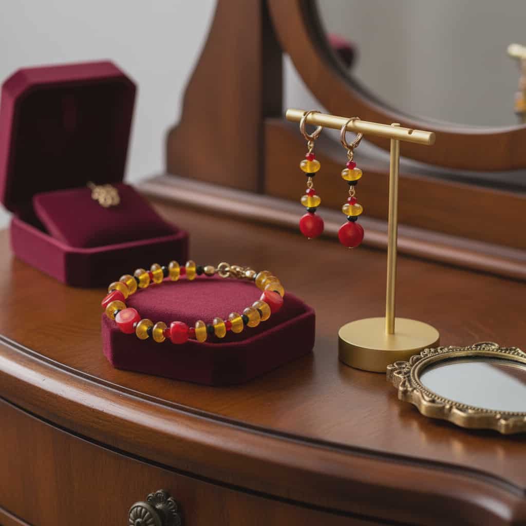 LJGJS34 Yellow Jade & Red Coral Centred Bracelet Set