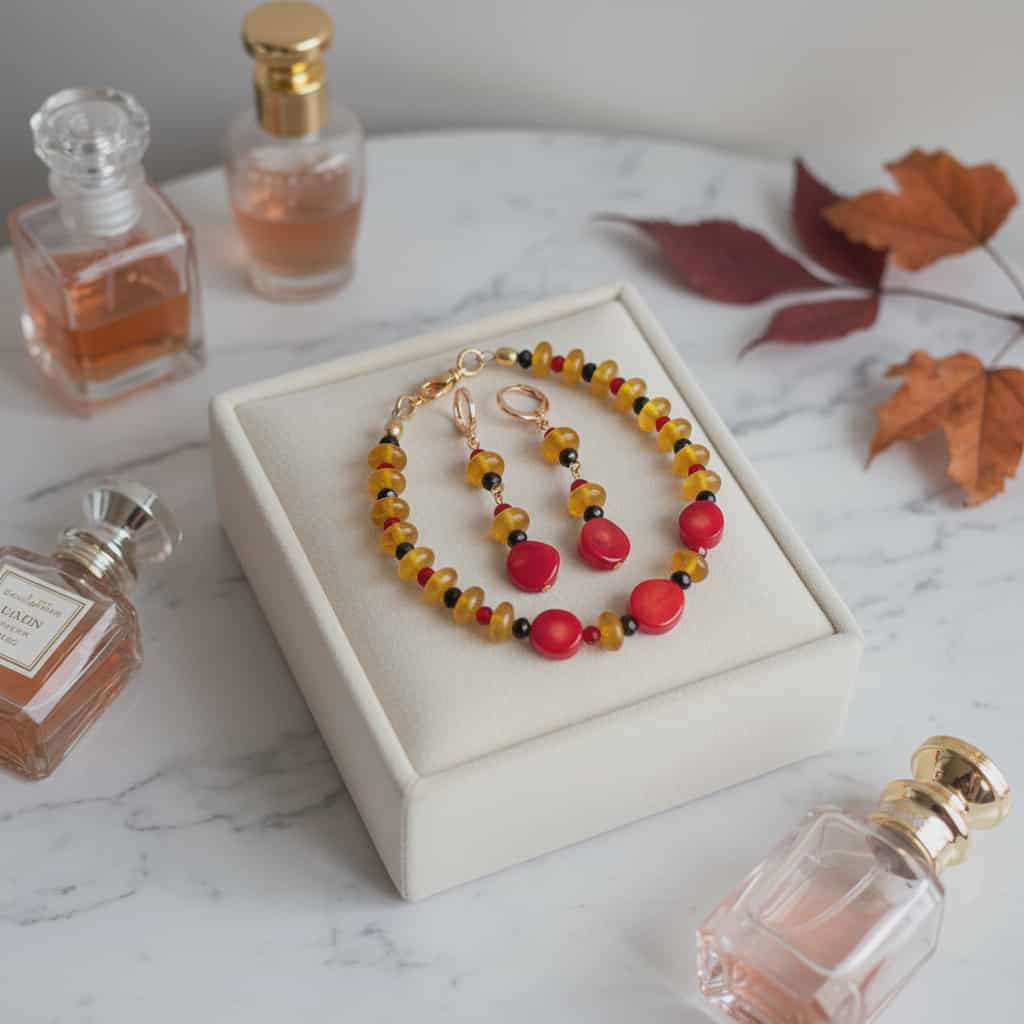 LJGJS34 Yellow Jade & Red Coral Centred Bracelet Set - Image 2