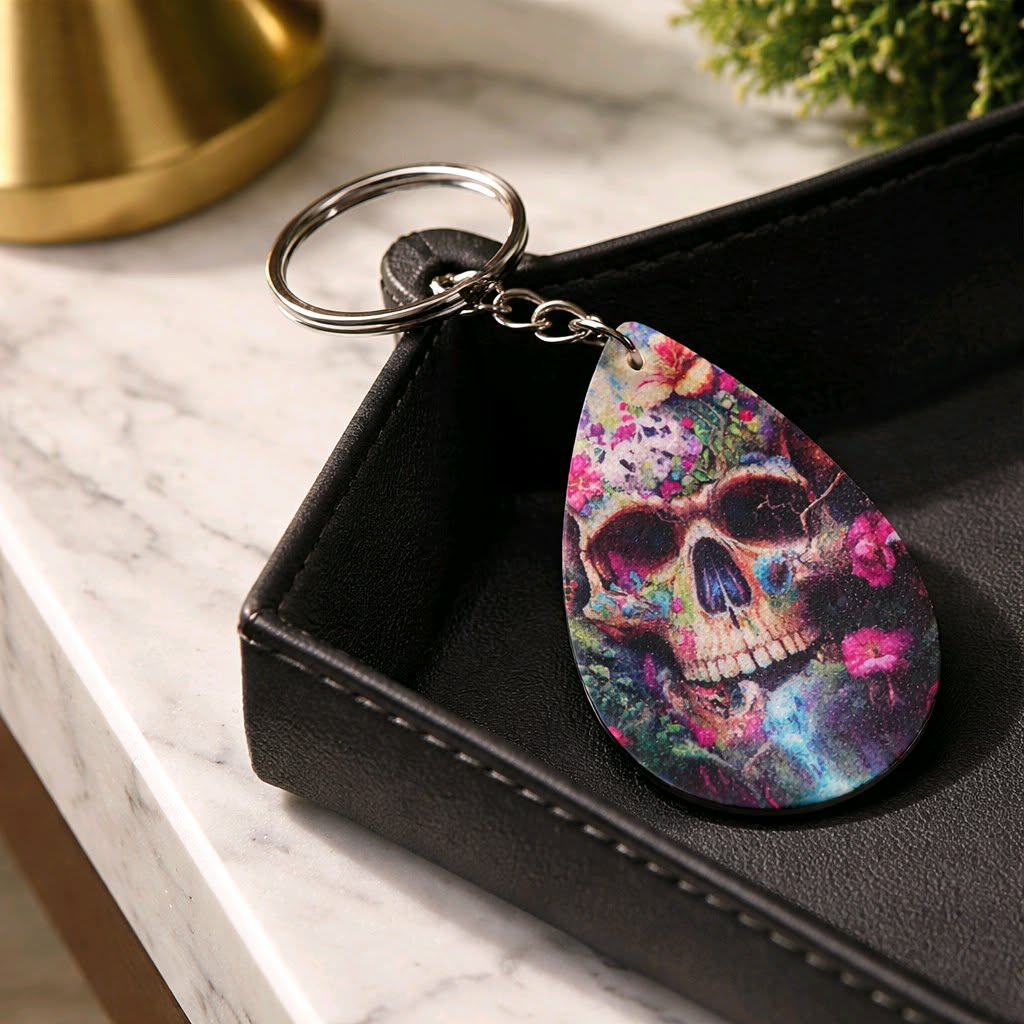 LJKR5 Pink Flower Skull Keyring