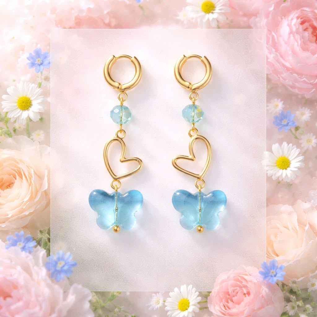 LJGE333 Blue Crystal Butterfly Earring Drops - Image 2