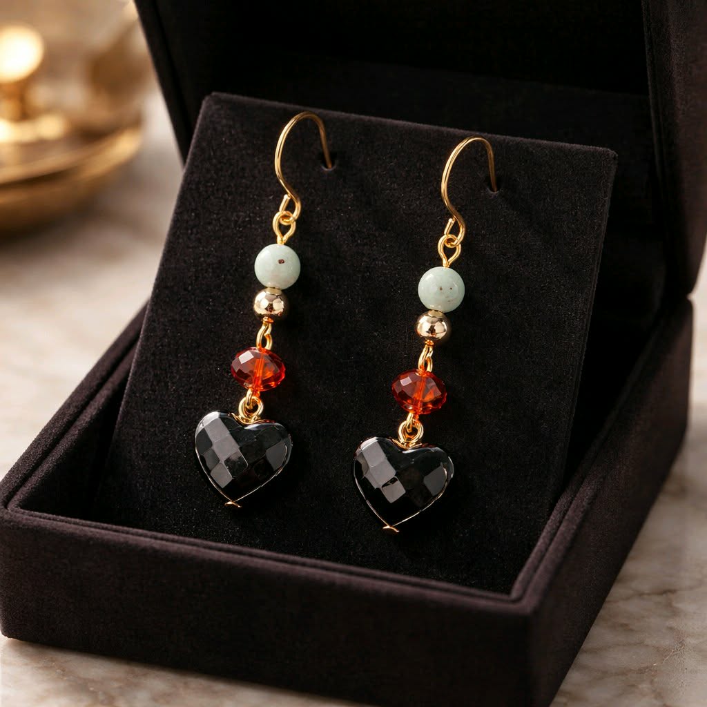 LJGE502 Black Crystal Heart Drop Earrings - Image 2