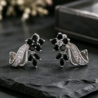 LJGPE67Black Glass Crystal Flower Earrings.