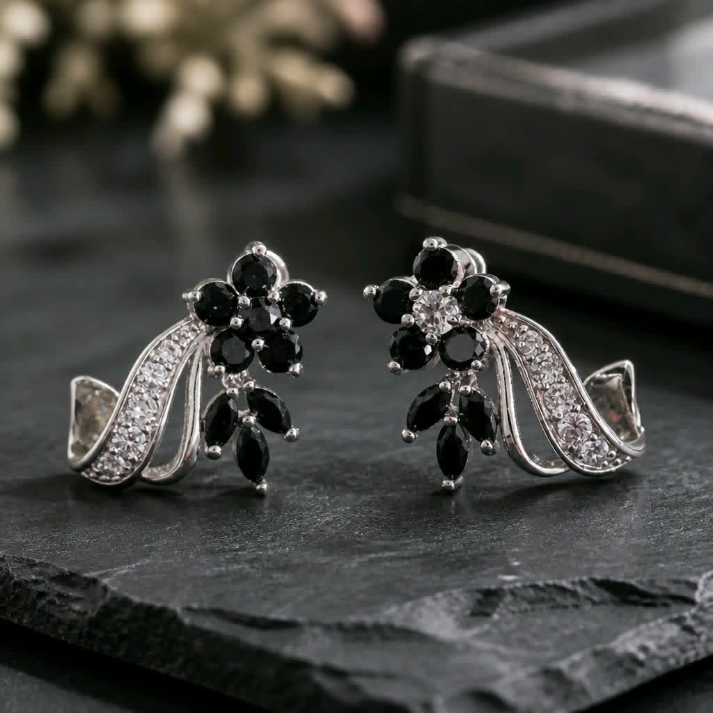 LJGPE67Black Glass Crystal Flower Earrings.