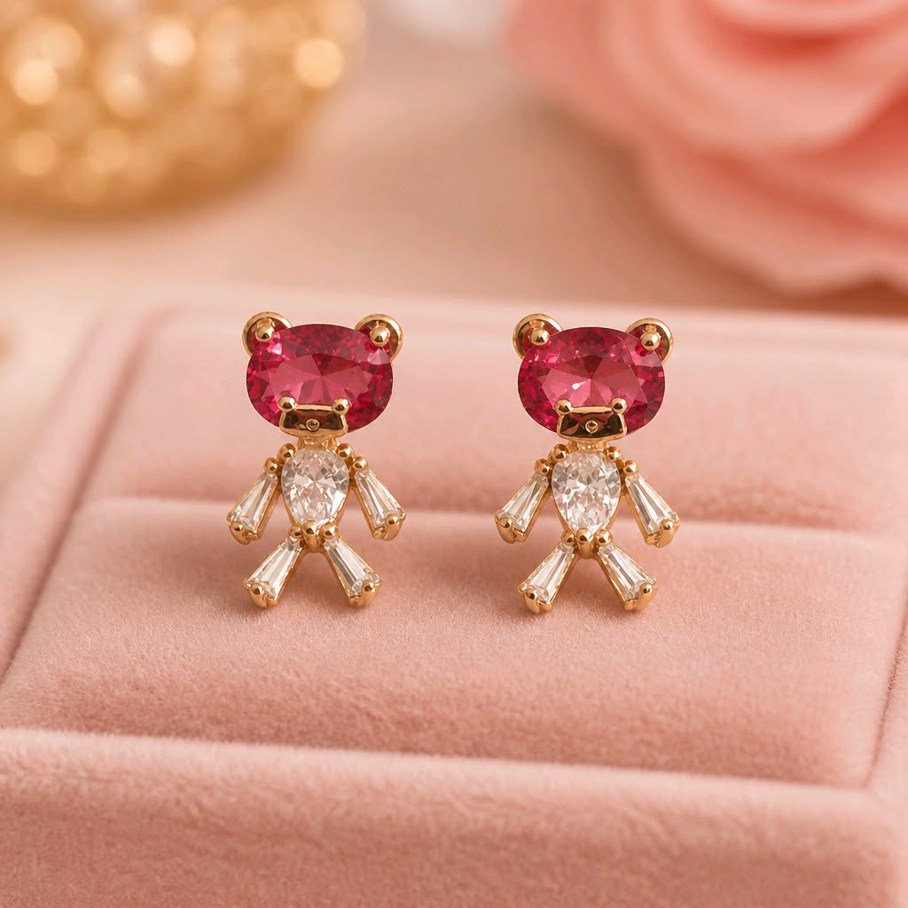 LJGPJ456 Gold Plated Red Bear Earrings - Image 2