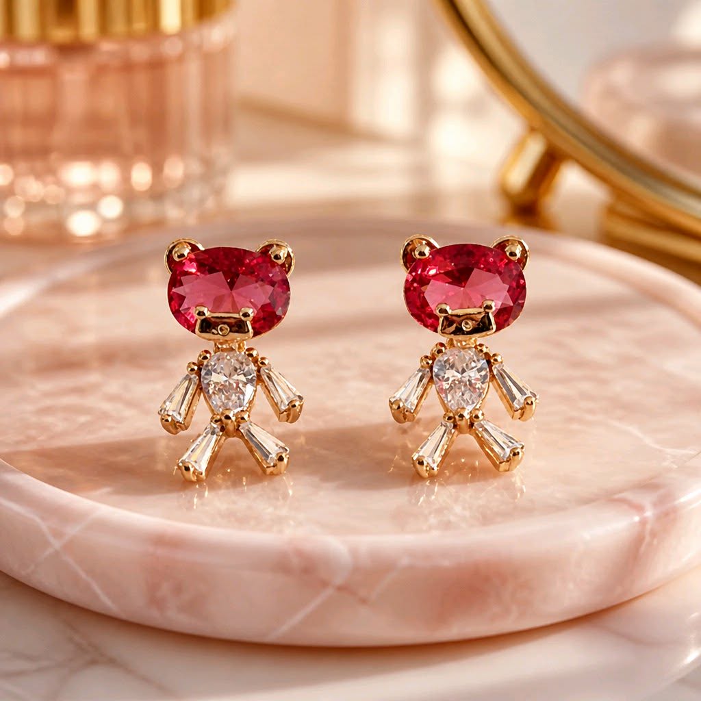 LJGPJ456 Gold Plated Red Bear Earrings