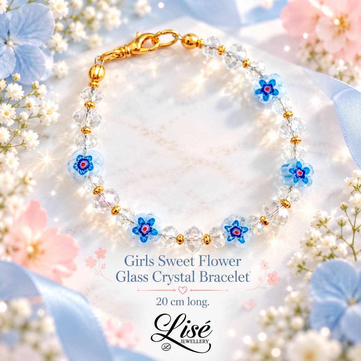 LJGG12 Blue Glass Flower Bracelet.