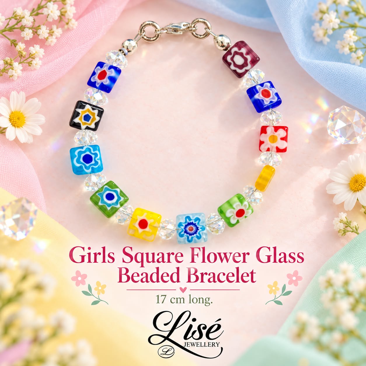 LJGG7 Girls Square Flower Glass Beaded Bracelet.